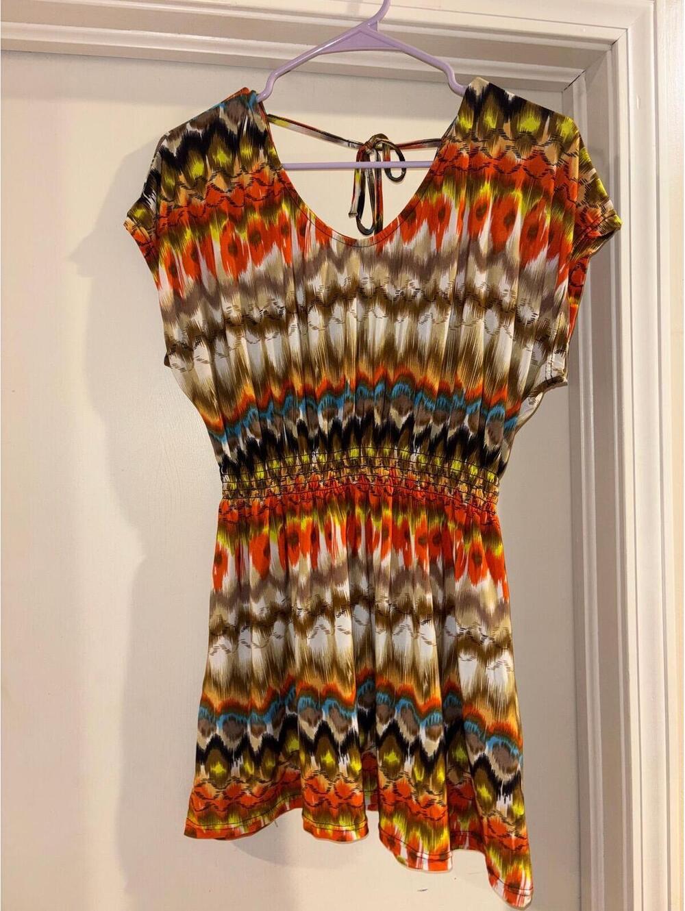 WinWin Boho Tribal Print Smocked Tunic Tie Blouse S/M